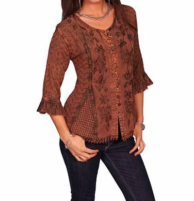 Scully Embroidered 3/4 Sleeve Blouse In Brown