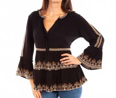 Scully Embroidered Bell Sleeve Blouse In Black In Burgundy