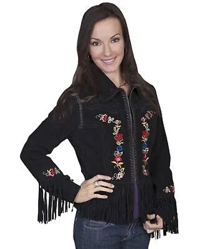 Pre-owned Scully Embroidered Zip-up Suede Jacket - L174 19 In Black
