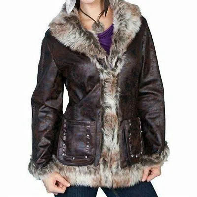 Scully Faux Fur Leather Distressed Jacket In Multi In Brown