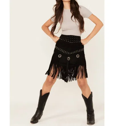 Scully Lamb Suede Fringe Midi Skirt In Black