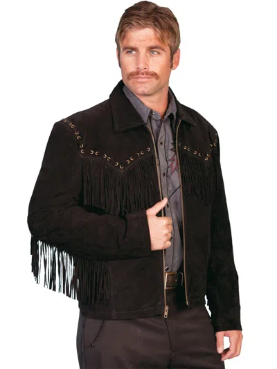 Pre-owned Scully Leather Men's Boar Suede Western Fringe Jacket 221 In Black Boar Suede