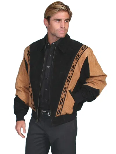 Pre-owned Scully Leather Men's Two-tone Boar Suede Rodeo Jacket 62 In Black W/cafe Brown Trim Boar
