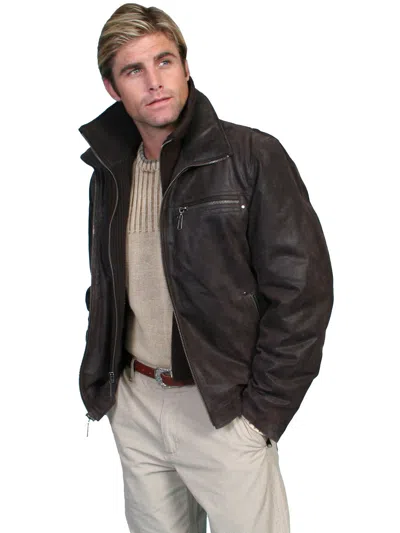 Pre-owned Scully Leather Men Zip Out Knit Front Jacket 400 In Brown