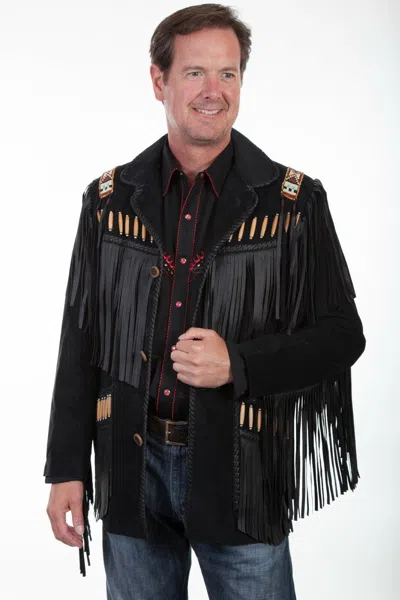 Pre-owned Scully Leather Mens Boar Suede Fringe Mountain Man Jacket 902 In Black Boar Suede