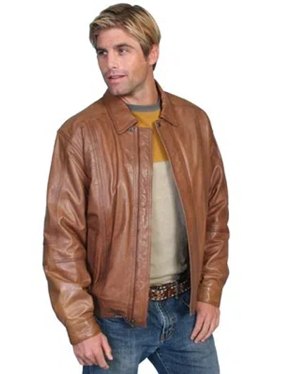 Pre-owned Scully Leather Mens Premium Lambskin Zip Front Jacket Cognac Soft In Brown