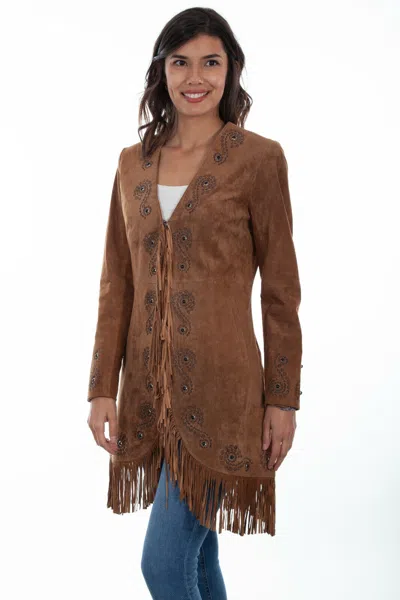 Pre-owned Scully Leather Women's Fringe Silver Stitch Studded Boar Suede Jacket L165 In Cinnamon Boar Suede