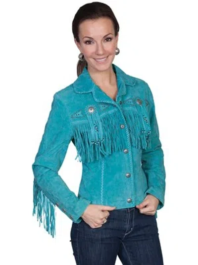 Pre-owned Scully Leather Womens Beaded Fringe Conchos Boar Suede Jacket Turquoise In Blue