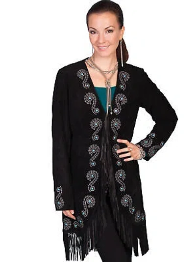 Pre-owned Scully Leather Womens Fringe Silver Stitch Studded Boar Suede Jacket Black