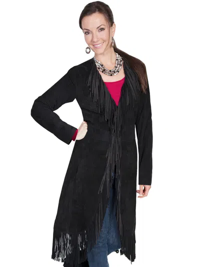Pre-owned Scully Leatherwear Women's Boar Suede Fringe Maxi Coat L19 In Black Boar Suede