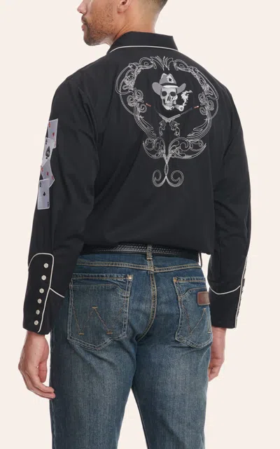 Scully Men's Black Old School Skulls Guns & Cards Embroidery Long Sleeve Western Shirt