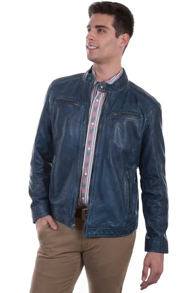 Pre-owned Scully Men's Lamb Cafe Racer Jacket 7 In Denim