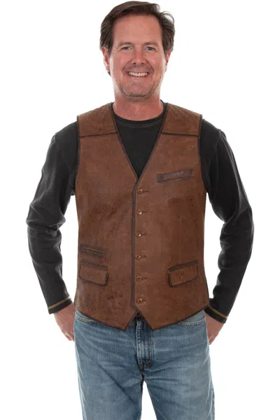 Pre-owned Scully Men's Leather And Canvas Vest 1049 In Brown