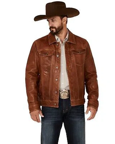 Pre-owned Scully Men's Leather Button-front Trucker Jacket - 1055-194 In Brown