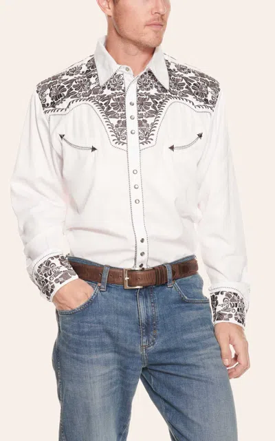 Scully Men's Legends Gunfighter White With Pewter Floral Embroidery Long Sleeve Western Shirt
