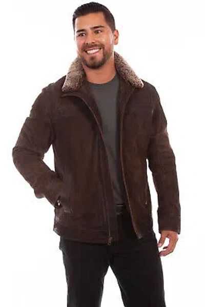 Pre-owned Scully Mens Chocolate Leather Zip-out Shearling Jacket L In Brown