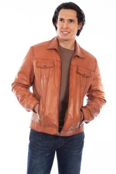 Pre-owned Scully Mens Cognac Leather Vintage Racer Jacket In Brown