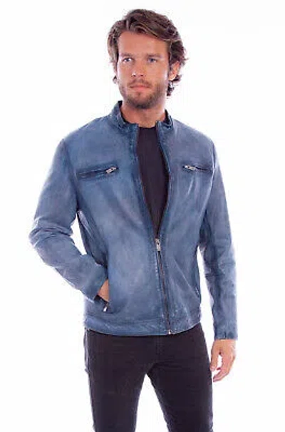 Pre-owned Scully Mens Distressed Slim Fit Denim Leather Leather Jacket In Blue