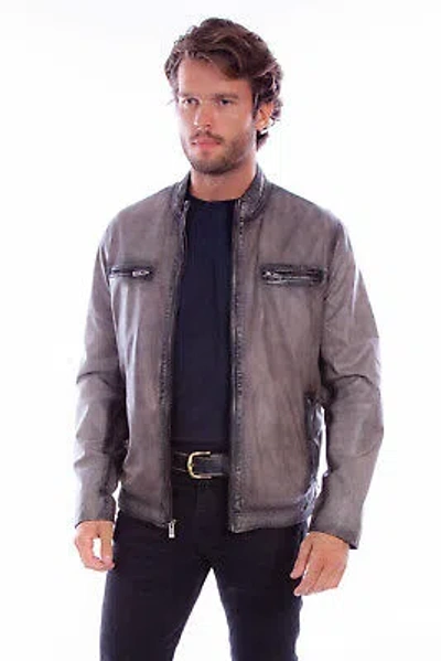 Pre-owned Scully Mens Distressed Slim Fit Grey Leather Leather Jacket In Gray