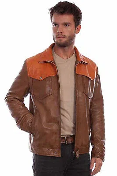 Pre-owned Scully Mens Western Contrast Saddle Tan Leather Leather Jacket In Brown