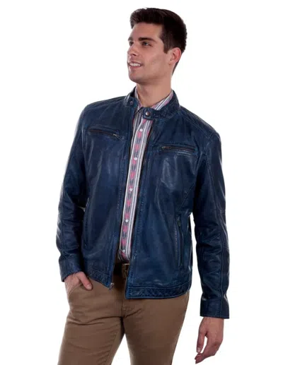 Pre-owned Scully Western Jacket Mens Zip Front Closure Stand Up Collar Lamb F0_7 In Blue