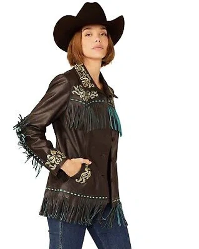 Pre-owned Scully Women's And Turquoise Embroidered Yoke Fringe Suede Leather Jacket Brown