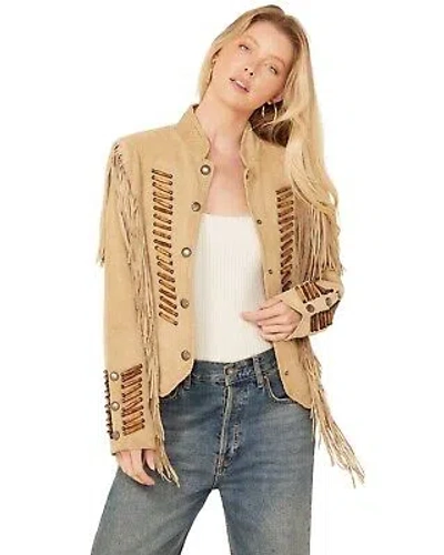 Pre-owned Scully Women's Beaded And Lace Fringe Jacket Tan Large In Brown