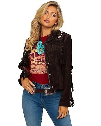 Pre-owned Scully Women's Boar Suede Beaded Fringe Jacket - L758-expresso In Brown