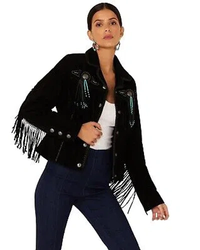 Pre-owned Scully Women's Fringe And Beaded Suede Jacket - L152-19 In Black