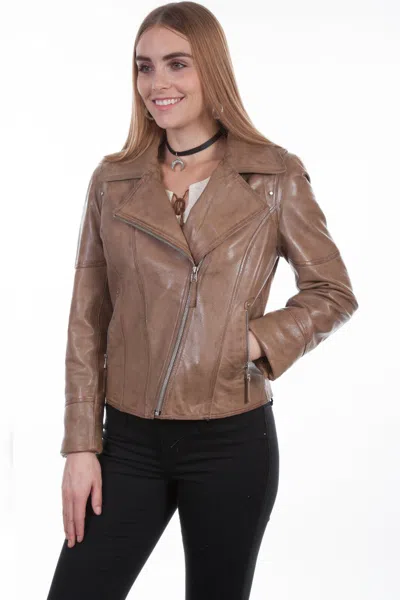 Pre-owned Scully Women's Lamb Motorcycle Jacket L657 In Sand