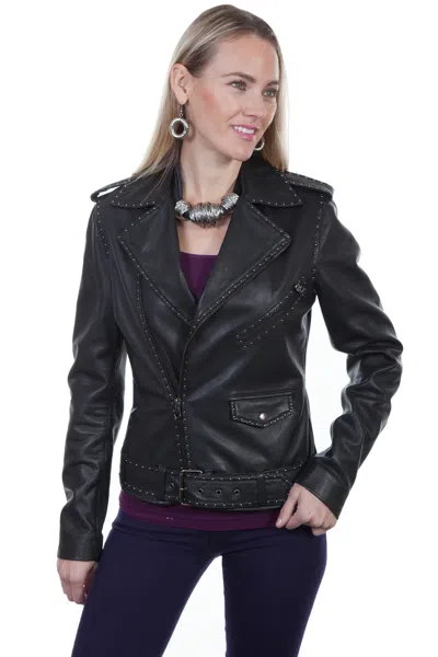 Pre-owned Scully Women's Lamb Studded Moto Jacket L255 In Black Lamb
