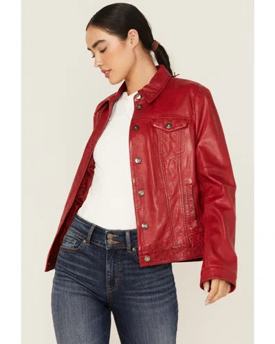 Pre-owned Scully Women's Leather Trucker Jacket - L1159-red
