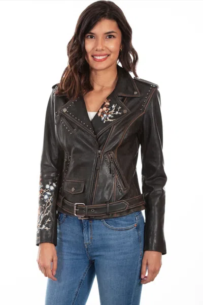 Pre-owned Scully Women's Vintage Lamb Embroidered And Studded Motorcycle Jacket L1032 In Black
