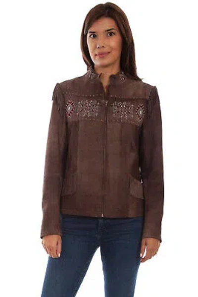 Pre-owned Scully Womens Aztec Beaded Fringe Chocolate Leather Leather Jacket M In Brown