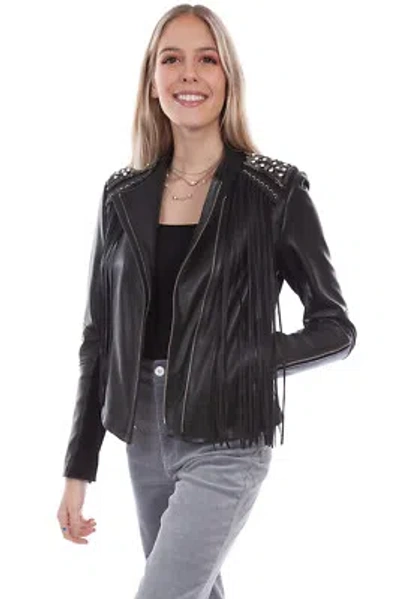 Pre-owned Scully Womens Black Lamb Leather Fringe Studded Jacket