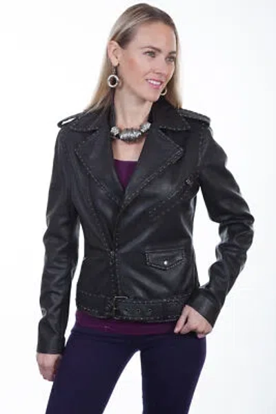 Pre-owned Scully Womens Black Lamb Studded Moto Jacket