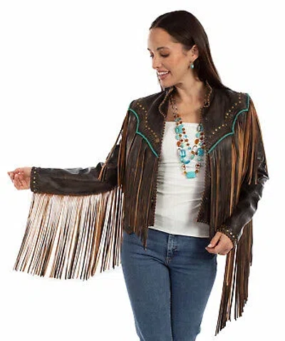 Pre-owned Scully Womens Bold Fringe Vintage Black Leather Leather Jacket