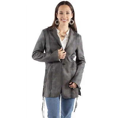 Pre-owned Scully Womens Classic Long Length Vintage Grey Leather Leather Jacket