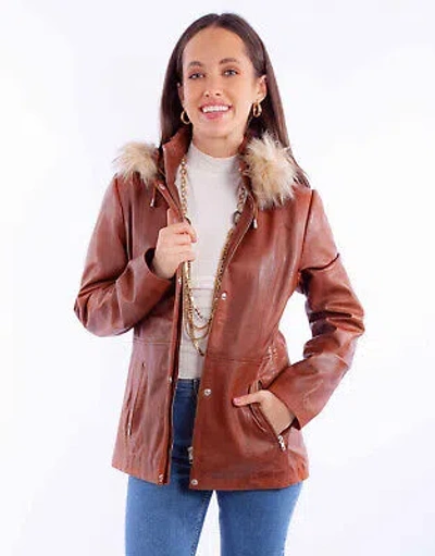 Pre-owned Scully Womens Faux Fur Hooded Brown Leather Leather Jacket