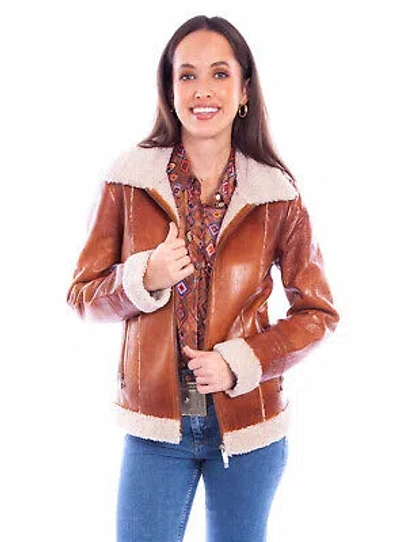 Pre-owned Scully Womens Faux Fur Zip Front Cognac Leather Leather Jacket In Brown