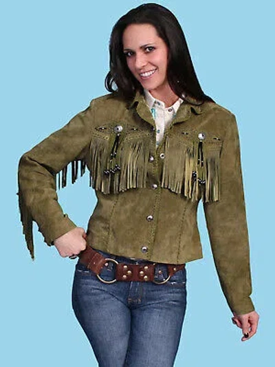 Pre-owned Scully Womens Fringe Beaded Olive Leather Leather Jacket In Green