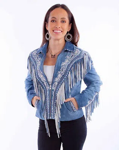 Pre-owned Scully Womens Fringe Zip Front Blue Leather Leather Jacket