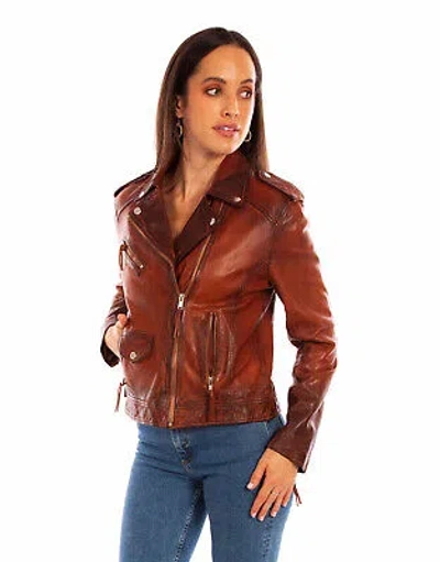 Pre-owned Scully Womens Motorcycle Zip Vintage Brown Leather Leather Jacket