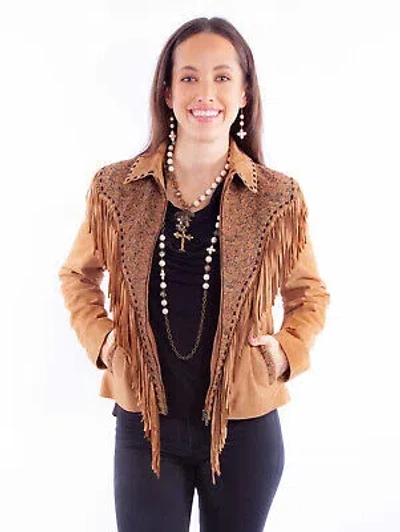 Pre-owned Scully Womens Rodeo Fringe Tan Leather Leather Jacket In Brown