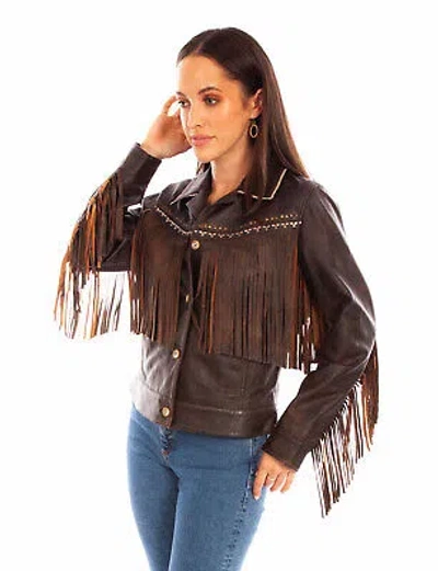 Pre-owned Scully Womens Western Fringe Chocolate Leather Leather Jacket