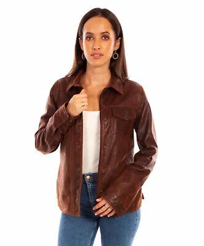 Pre-owned Scully Womens Western Snap Front Brown Leather Leather Jacket