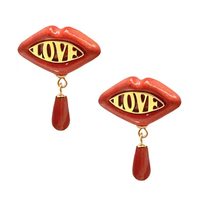 Sculp Women's Red / Gold Easy Love Red Lip Dangle Earrrings In Multi