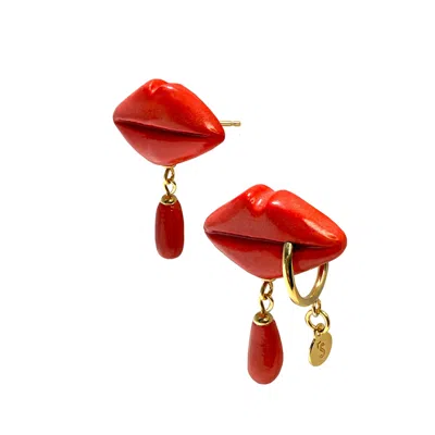 Sculp Women's Red / Gold Pierced Kiss Red Lip Dangle Earrings In Multi