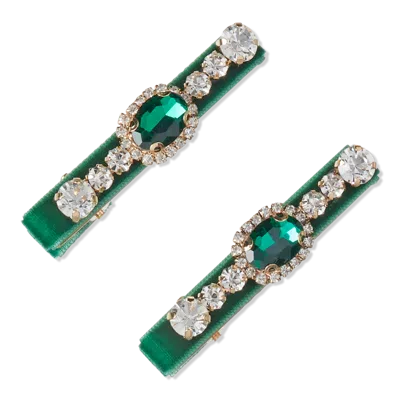 Scünci Wicked Green Velvet-wrapped Salon Clips With Stones
