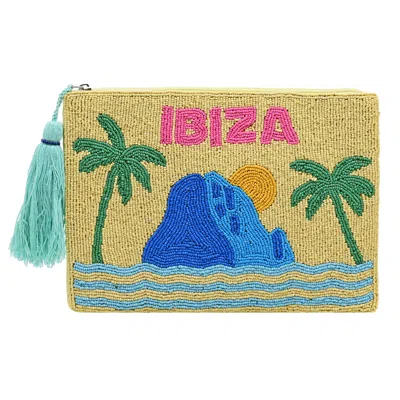 Sd Basics Ibiza Yellow Pouch | Beaded Postcard Patterned Purse | Fully Lined With Inner Pocket | Small Zip Bag